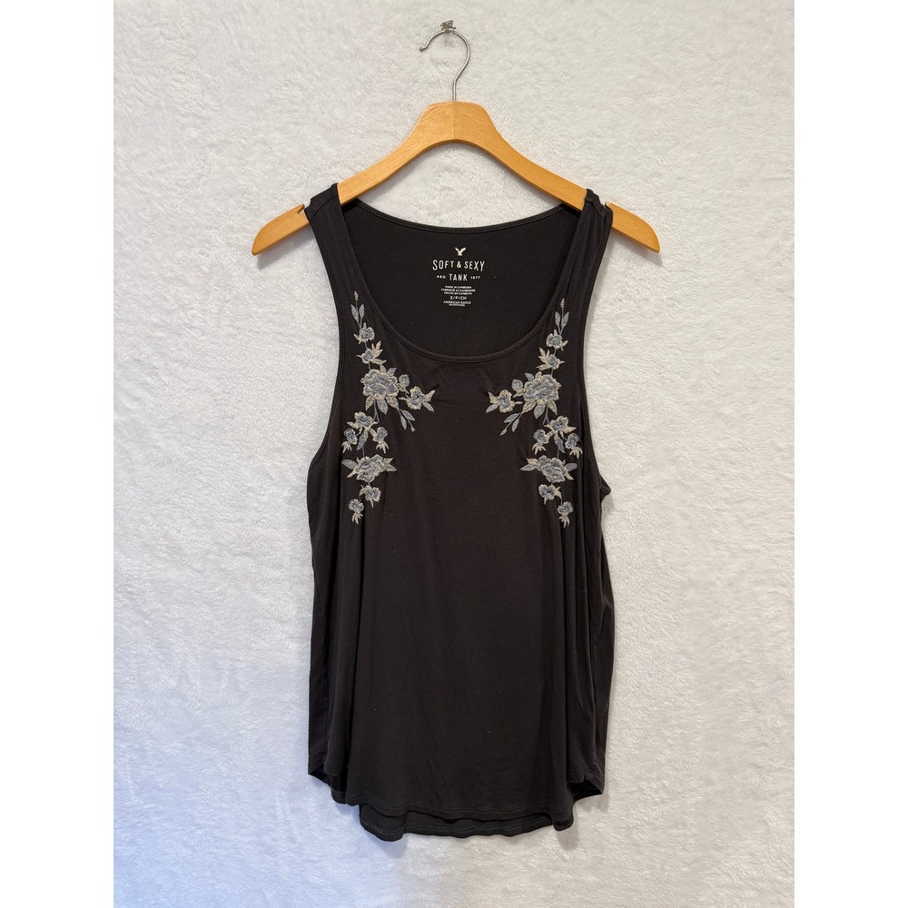 American Eagle Soft & Sexy Tank Women Floral Embroidered Boho Charcoal Size S